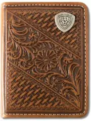 Ariat Western Mens Wallet Bifold Leather Weave Floral Concho Tan A3564208