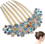 NIIIYTYB Decorative Hair Combs for Women Teal Rhinestone Flower Hair Comb Jeweled Decorative Hairpin Barrette Fancy Clip Accessories Rhinestone Brooch Elegant Comb for Women Floral Blue Ornament