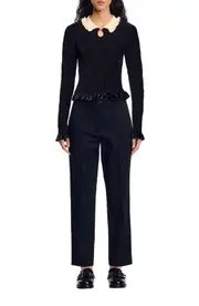 SANDRO Smocked top with contrasting neck in Black at Nordstrom, Size Medium