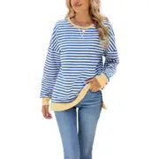 Stripe Side Split Loose Casual Design Neck Jumper - Blue with White
