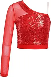[Hedmy] Kids Girls One Shoulder Long Sleeve Sequins Crop Top Athletic Shirts Jazz Hip-hop Dance Tops