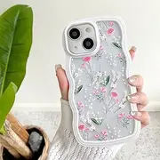UEEBAI Wave Frame Clear Case for iPhone 13/iPhone 14 6.1 inch, Wavy Flower Case Pretty Floral Cute Curly Clear Case Stylish Soft Phone Case Anti-Yellow Aesthetic Case for Women and Girl - Pink