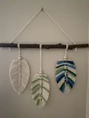 NEW Macrame Wall Hanging Feathers Leaves 4 Colors Ivory Blues Green Handmade