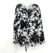 Talbots Top Blouse Women's 2X Black Leaf AOP Button Up Tie Bottom Dressy NWT