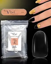 By Vixi 600 pieces MEDIUM OVAL NAIL SET with FREE GLUE & PREP FILE, 10 Sizes - Clear Express Full Cover False Fingernail Extensions for Salon Professionals & Home Use