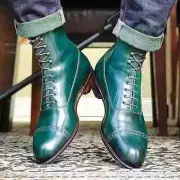 Handmade Men's Green Leather Oxford Cap-Toe Lace Up High Ankle Formal Boots Men