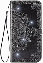 [WVYMX] Designed for Samsung Galaxy A73 5G Black 3D Bling Flower Embossed PU Leather Protective Phone Case with Card Slot Holder, Magnetic Flip Folio Purse Case,Kickstand Function,Wrist Strap,