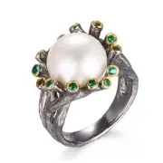 Pearl dome .925 silver ring with Green Spinel accent stones