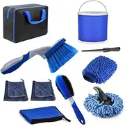 RAYWE 10PCS Car Wash Cleaning Tools Kit Automobile Detailing Brush Dash Duster Brush Washing Mitt Towels Foldable Bucket with Storage Bag for Interior Exterior Cleaning