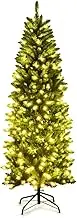 COSTWAY 1.8m/6ft Pre-lit Pencil Christmas Tree,Artificial Hinged Fir Christmas Tree with 743 PVC Tips and 250 SAA certificated LED Lights, Christmas Drcoration with Sturdy Iron Stand, Easy Set-up