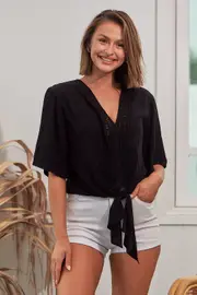 Zali Black Lace Trim Tie Front Top