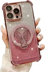 [PONRFEKT] Electroplated Glitter Case for Oppo A57 4G 2022 with Butterfly Stand,for Women Girls Transparent Protective Cover Gradient Glitter,Stylish Shockproof Cover,Pink