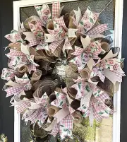 Hydrangea Gingham Spring Summer Fall Deco Mesh Wreath, Farmhouse Cottage Decor