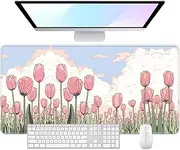 Desk Pad, 32" x 16" XXXL Extended Large Gaming Mouse Pad, Desktop Decor Desk Mat, Men Women Office Supplies and Accessories, Cute Anime Mouse Mat for Laptop & Keyboard, Pink Tulip