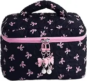 [mivceklw] Quilted Makeup Bag, Aesthetic Cute Bow Pouch, Reusable Cosmetic Storage Organizer, Large Capacity Toiletry Case, Compact and Lightweight Travel Cosmetic Bag, Black, Se référer au descriptif,