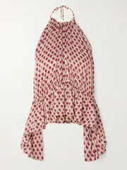 [LIBEROWE] LIBEROWE - Dhalia Gathered Printed Satin Halterneck Peplum Top - large large Red