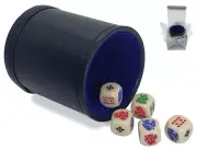 Poker Dice Ivory Rounded Corners + PU Leather Blue Felt Lined Dice Cup Boxed New