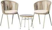 Gardeon Outdoor Bistro Set Rope Patio Furniture Table and Chairs, Lounge Setting Backyard Garden, with Glass Tabletop Cushions Backrest All-Weather Beige