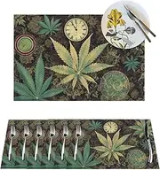A Puff in Time Weed Marijuana Placemats Set of 6 Pcs, 12x18 Inch Vinyl Wipeable Washable Place Mats for Kitchen Dining Table Decoration Heat Resistant Non-Slip Table Mats Modern Placemats