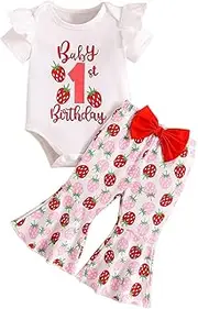 [Generic] Infant Girl Little Sister Outfit Sleeved Jumpsuit Strawberry Print Red Flared Pants with Hairband Set Girl Casual Outfit Girls Size 14 16 Tops