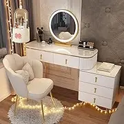 Telescopic Dresser,Makeup Vanity Desk with Mirror & Lights,5 Solid Wood Drawers,LED 3-Color Lighting, White & Gold Design w/Stool & Storage Bin(120cm)