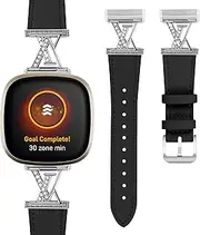 Dressy Leather Band Compatible with Fitbit Versa 4/3/Sense 2/Sense Band Women, Letter Buckle Bracelet Adjustable Stainless Clasp Soft Replacement for Versa 3 4 Sense 2 Smartwatch Strap