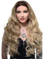 Curly Long Blonde Lace Front Fashion Wig with Brown Roots