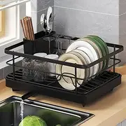VNIMTI Dish Drying Rack, Dish Rack for Kitchen Counter, Dish Drainers with Large Capacity, Kitchen Organizer with Cutlery Holoder, 16"x12" Dish Drainer Holder for Kitchen Sink, Black