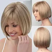 Golden straight hair Bob Pixie cut wig short style gradient color honey gold Bob wig with bangs suitable for elegant white ladies synthetic dirty blonde mixed brown highlights Pixie Cut hair fluffy layered wig (Golden, 25 CM)