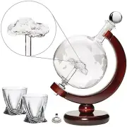 Large 50 Oz 'Car' Handmade Whiskey Etched Globe Decanter Set, Diamond Glasses