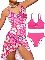 [Shallmu] Girls Swimsuits 3 Piece Tropical Print Bathing Suits Twist Cross Bikini Set with Backless Wrap Dress Cover Up