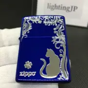 Zippo Cat Clover Design Ion Blue Silver Etching Oil Lighter Regular Case Japan