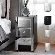 ALFORDSON 3 Drawers Mirrored Bedside Table, 30 x 30 x 60cm, Sofa Side Table Bedroom Living Room Table Nightstand Storage Organiser, Home Furniture Glass Cabinet Chests, Grey