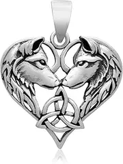[SilverMania925] 925 Sterling Silver Viking Pair of Wolves Fenrir Triquetra Wolf Pagan Pendant