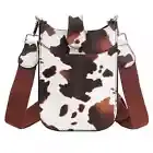 Brown White Cow Print Vegan Leather Cross Body Bag Snap Latch Closure