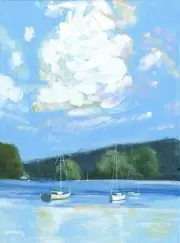 ONE OF A KIND WATER BOAT LAKE CLOUD TREES PAINTING WALL DECOR USA BY SUE FURROW