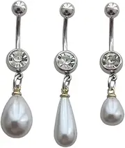 [AETYWYEIN] 3pcs Pearl Pendant Dangle Belly Button Rings Set, Elegant Stainless Steel Navel Barbell Ring, Creative Piercing Body Jewelry for Woman
