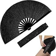 dmjuncong Large Folding Glitter Rave Fan,Clack Handheld Fan with Leg Strap and Fabric Case Bag,for Line Dancing,Festivals,Carnival,Rainbow Outfits,Disco Party,Home Decoration and Many Occasions.Black