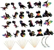 2Sets Dinosaur Scratch Paper Art Kit with Scratch Off Cards Pens Ribbons for Creative Fun for Imagination for Classroom Home Activities