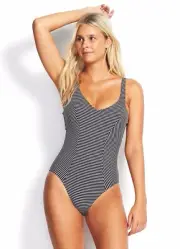 NWT $148 US 10 DD Cup Seafolly Go Overboard V Neck One Piece Black