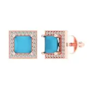 2.3ct Princess Cut Round Cut Halo Blue Turquoise Stud Earrings 14k Rose Gold