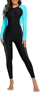 [ALLTOKE] Women's One Piece Zip Front Rash Guard Swimsuit Full Body Long Sleeve Long Pants Built in Bra UPF 50+ Surf Swimwear