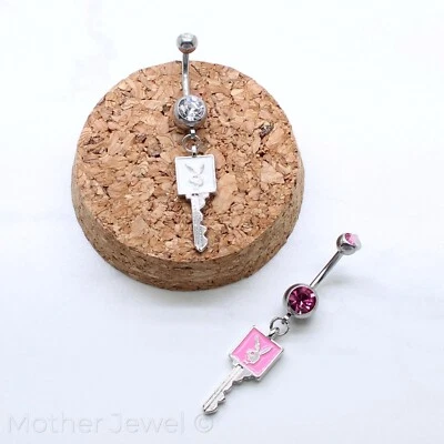PLAYBOY BUNNY PINK WHITE ENAMEL SIMULATED DIAMOND SILVER BELLY BUTTON NAVEL RING
