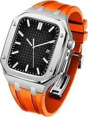 [VEVEL] Latest Stainless Steel Protective Case Strap，For Apple Watch S7 45mm, Modification Kit Bezel Steel Cover Case with Silicone Band for Iwatch S6 44mm