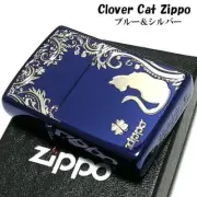 Zippo Clover Cat Blue & Gold Etching Engraving Silver insert