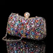 Women's Multicolor Crystal Evening Clutch – Luxury Rhinestone Handbag with Pearl Clasp and Chain Strap for Gala, Wedding, and Formal Events