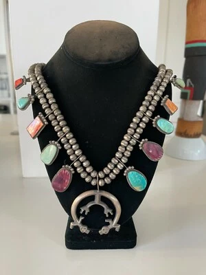 Zuni Native American Sterling Silver & Multi Stone Inlay Necklace