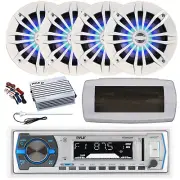 Pyle Bluetooth Marine Radio, Cover, Antenna,Amp w/Kit, 4x 6.5" LED White Speaker