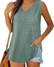 [Famulily] Women's Side Split Sleeveless Tops V Neck Eyelet Embroidery Casaul Basic Tank Tops S-XXL