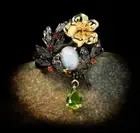 Black S925 Sterling Silver Opal Green Zircon Enamel Gold Flower Ring Size: 6